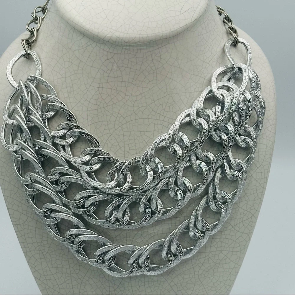 Silver Multi-Row Chain Link Chunky Statement Necklace - Picture 3 of 10